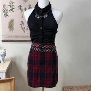 Y2k Gap Red Black Plaid Wool Zipper Mini Skirt Punk Bratz Mall Goth Grunge 0 S